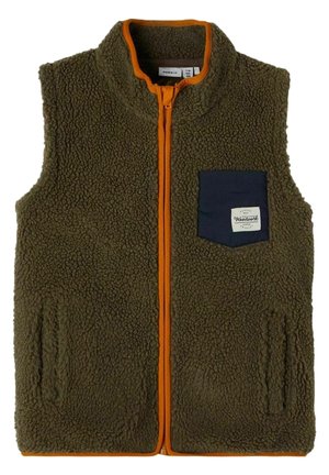 Olive green sherpa fleece vest with orange zipper and trim, featuring a navy blue chest pocket with white label reading "Woodwork."