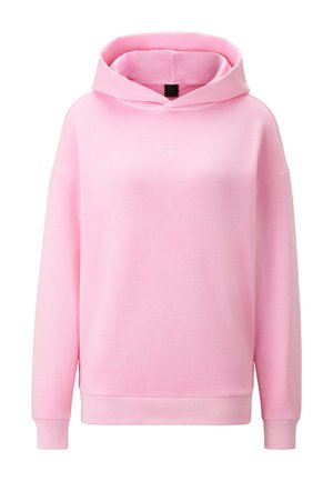 Pink hooded sweatshirt in soft fabric, featuring long sleeves, ribbed cuffs, and a small logo in white on the chest.