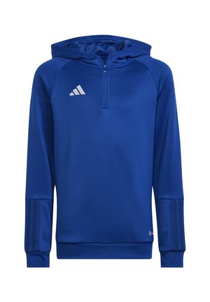 Sweat à capuche bleu, doté d'une fermeture éclair quart, avec le logo Adidas en blanc, et des poignets côtelés avec trois bandes sur les manches.