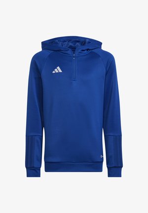 Blaues Kapuzensweatshirt mit einem Viertelreißverschluss, Adidas-Logo in Weiß und gerippten Bündchen mit drei gestreiften Akzenten an den Ärmeln.