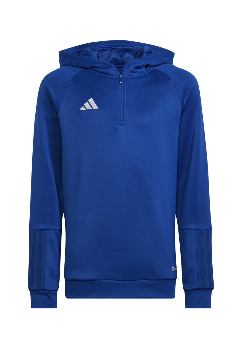 Felpa con cappuccio blu, con zip a metà, logo Adidas bianco e polsini a coste con tre strisce sui maniche.