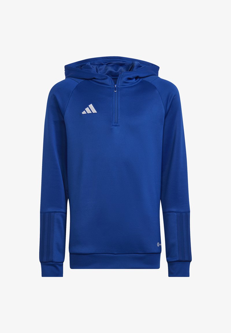 Felpa con cappuccio blu, con zip a metà, logo Adidas bianco e polsini a coste con tre strisce sui maniche.