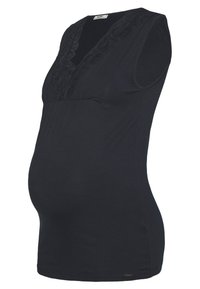 Camisola de maternidade preta com decote em V em renda, mangas curtas e detalhes plissados. Feita de um tecido macio, projetada para um ajuste justo, mas confortável.