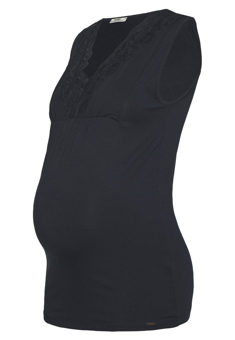 Camisola de maternidade preta com decote em V em renda, mangas curtas e detalhes plissados. Feita de um tecido macio, projetada para um ajuste justo, mas confortável.