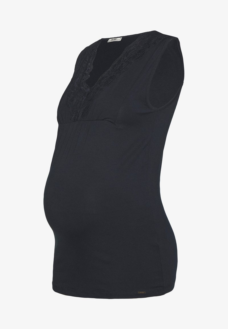 Camisola de maternidade preta com decote em V em renda, mangas curtas e detalhes plissados. Feita de um tecido macio, projetada para um ajuste justo, mas confortável.