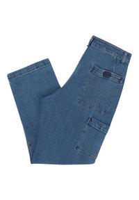 Jeans in denim blu con design a gamba dritta, dotati di una tasca posteriore e di una toppa con logo. Il materiale è robusto con una leggera texture.