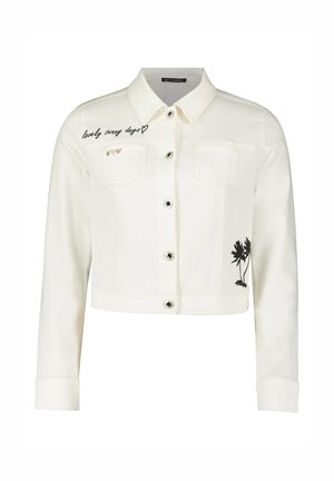 Veste en denim blanc raccourcie avec des manches longues, boutons en métal argenté, poches avant, broderie de palmier noire et texte "journées ensoleillées adorables".