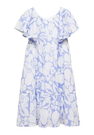 Lyseblå blomsterkjole med hvide mønstre, der har en rund udskæring, flæseærmer og et lagdelt skirt-design. I bomuldsstruktur.