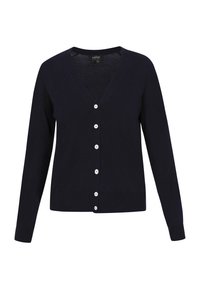 Cardigan blu navy in materiale lavorato a maglia, con scollo a V, maniche lunghe e sei bottoni bianchi sulla parte anteriore. Orlo e polsini a costine.