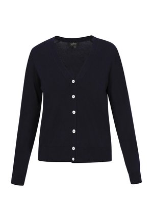 Temno modra jopica iz pletenega materiala, z V-izrezom, dolgimi rokavi in šestimi belimi gumbi spredaj. Rebrast rob in manšete.