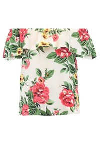 Valkoinen olkapäät paljastava paita, joka on koristeltu suurilla punaisilla ja keltaisilla kukkakuoseilla. Paidassa on rypytetty pääntie ja lyhyet hihat.