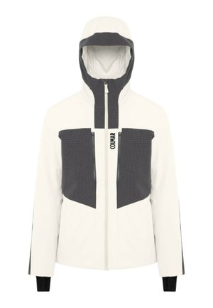 Giacca bianca con cappuccio, con pannelli grigio scuro, tasche con cerniera e accenti neri a contrasto sulle maniche. Tessuto strutturato sui pannelli.