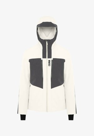 Giacca bianca con cappuccio, con pannelli grigio scuro, tasche con cerniera e accenti neri a contrasto sulle maniche. Tessuto strutturato sui pannelli.