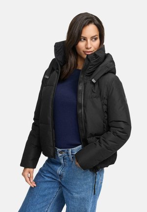 Black puffer jacket with a high collar and zip front. Features a smooth texture, two side pockets, and a logo detail on the sleeve.