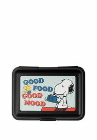 Lunch box nera con coperchio azzurro chiaro e personaggi dei cartoni animati Snoopy e Woodstock, accompagnata dal testo "BUON CIBO BUON UMORE" in colori vivaci.