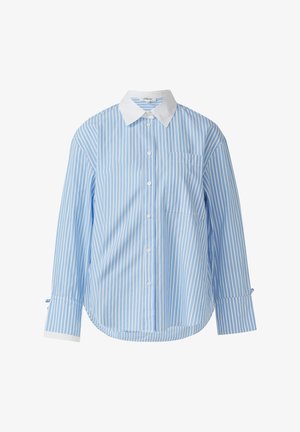 Chemise à rayures bleu clair à manches longues avec col et poignets blancs. Comprend une poche poitrine et des boutons sur le devant. Texture douce.