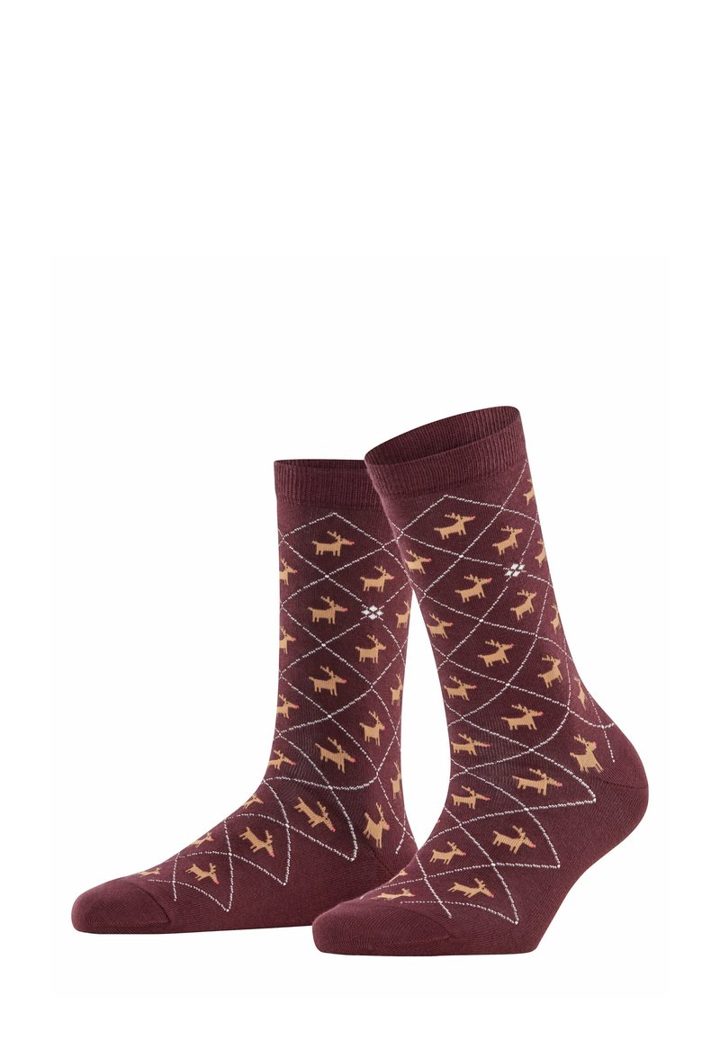Bordowe skarpetki bawełniane z wzorem diamentowym, zawierającym na przemian jasnobrązowe sylwetki łosi i białe akcenty. Długość do połowy łydki.