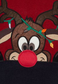 Renne de dessin animé aux grands yeux blancs et au nez rouge enveloppé de guirlandes lumineuses de Noël sur un fond en tricot rouge et noir.