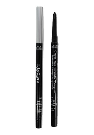 Zwei schwarze, retractable, wasserdichte Eyeliner mit silberner Kappe, einer geschlossen und einer mit ausgefahrener Spitze, beschriftet mit T. LeClerc Paris.