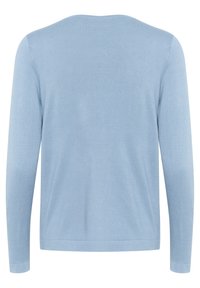 Pull long bleu clair avec manches longues, col rond, texture lisse, poignets et ourlet côtelés, et un dos uni.