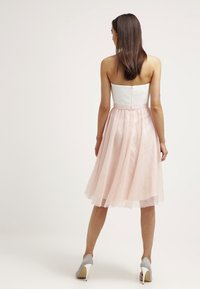 Robe sans bretelles avec un corsage blanc et une jupe en tulle rose pâle, dotée d'une taille cintrée et d'une fermeture éclair au dos. Accentuée par des talons hauts.