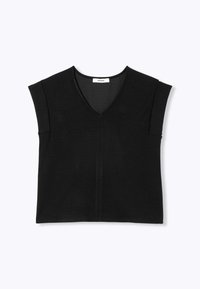 Top sans manches noir avec un décolleté en V et une fermeture éclair à l'avant, fabriqué à partir d'un tissu lisse. Il présente des épaules structurées et une silhouette ajustée.