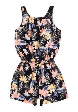 Czarny kombinezon bez rękawów z elastyczną talią, zdobiony różowymi, żółtymi i niebieskimi tropikalnymi kwiatami i liśćmi.