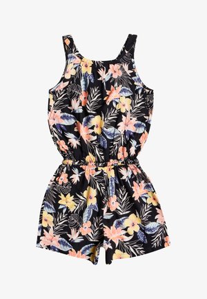 Combinaison noire sans manches avec taille élastique, ornée de motifs floraux et feuillages tropicaux en rose, jaune et bleu.