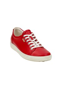 Red leather sneaker with white laces, rounded toe, and a white rubber sole. Features a logo tag on the side and smooth texture.