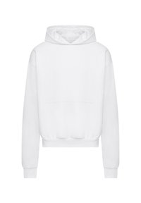 Plain white hoodie with long sleeves, front kangaroo pocket, and attached hood, displayed against a white background.