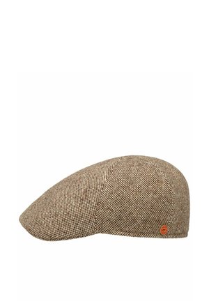 Brown and beige tweed flat cap with a small round orange logo tag on its side, shown from a side angle on a white background.