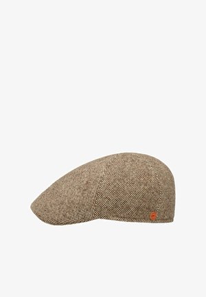 Brown and beige tweed flat cap with a small round orange logo tag on its side, shown from a side angle on a white background.