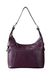 Dark burgundy leather shoulder bag with smooth texture, a curved shape, adjustable strap, and decorative metal accents.