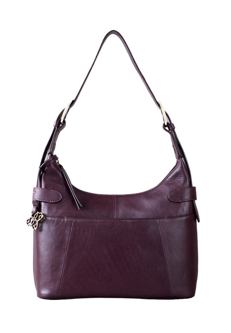 Dark burgundy leather shoulder bag with smooth texture, a curved shape, adjustable strap, and decorative metal accents.