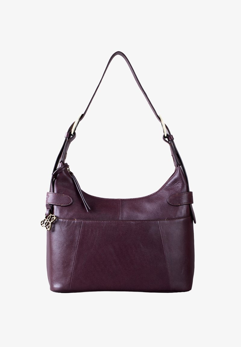 Dark burgundy leather shoulder bag with smooth texture, a curved shape, adjustable strap, and decorative metal accents.