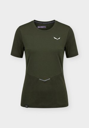 T-shirt de sport vert foncé à manches courtes avec partie inférieure texturée, petit logo blanc sur la poitrine et col rond.