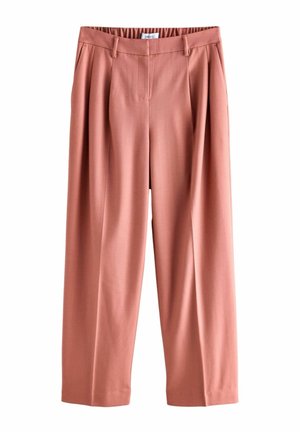 Pantalones para mujer a medida de color óxido, con pinzas, trabillas para cinturón y cintura elástica en la parte trasera.