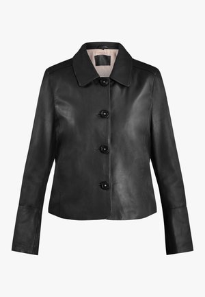 Veste en cuir noir avec un col, six boutons sur le devant et des manches longues. Texture lisse et design ajusté avec des détails de couture minimalistes.