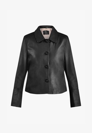 Zwarte leren jas met een kraaghals, zes knopen aan de voorkant en lange mouwen. Glad textuur en een aansluitend ontwerp met minimale stikdetails.