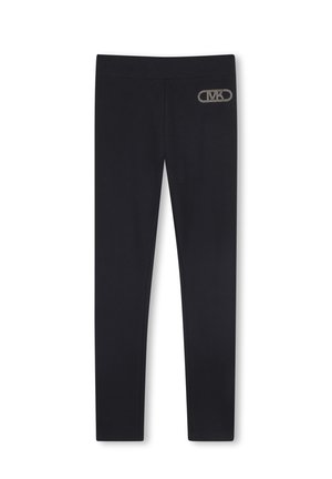 Leggings noirs avec un logo orné sur la taille avant, présentés sur un fond uni.