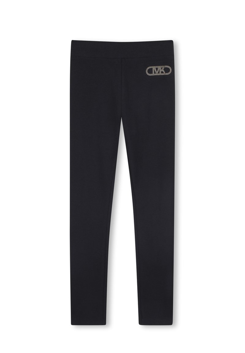 Leggings noirs avec un logo orné sur la taille avant, présentés sur un fond uni.