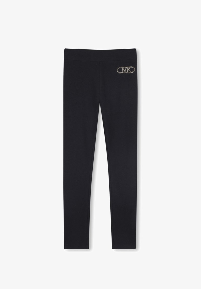 Leggings noirs avec un logo orné sur la taille avant, présentés sur un fond uni.