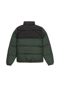 Grøn og sort pufferjakke med høj krave, der har et quiltet design, elastiske manchetter og en cropped pasform. Glat tekstur.