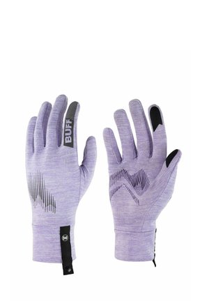 Par de guantes de tela lavanda con patrones impresos en negro y la marca "BUFF" en el dedo índice de un guante sobre fondo blanco.