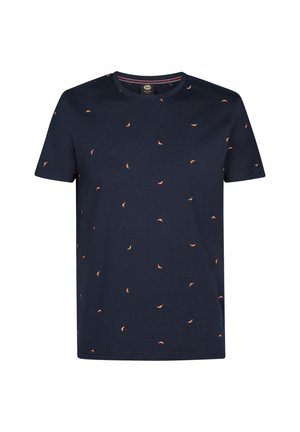 T-shirt en coton bleu marine à manches courtes, avec de petits motifs de feuilles orange répartis uniformément sur le tissu, col rond.