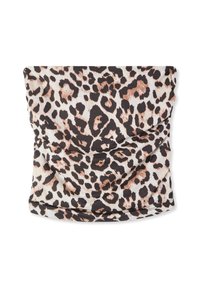 Gaiter da collo con stampa leopardata, realizzato in un tessuto morbido ed elastico nelle tonalità di nero, beige e marrone con texture arricciata.
