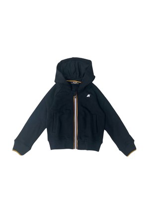 Felpa nera con zip realizzata in misto cotone, con cappuccio, due tasche frontali e dettagli a righe lungo la cerniera. Logo bianco sul petto.