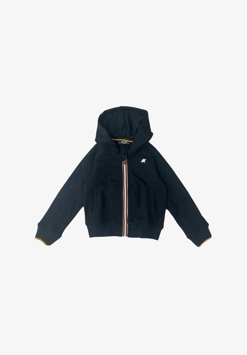 Felpa nera con zip realizzata in misto cotone, con cappuccio, due tasche frontali e dettagli a righe lungo la cerniera. Logo bianco sul petto.