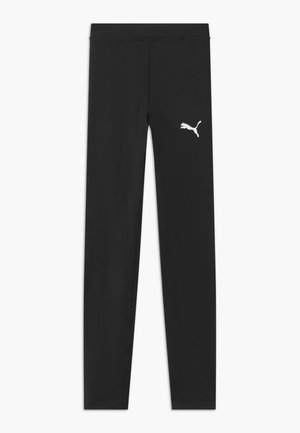 Schwarze Leggings aus elastischem Material, mit einem einfarbigen Design und einem weißen Puma-Logo auf der linken Seite. Sie haben eine schmale Passform.