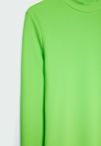 Haut à col roulé côtelé à manches longues de couleur vert vif, présenté de l'épaule jusqu'au milieu du torse sur un fond clair.